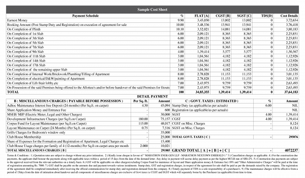 Purva Palm Hills Cost Sheet